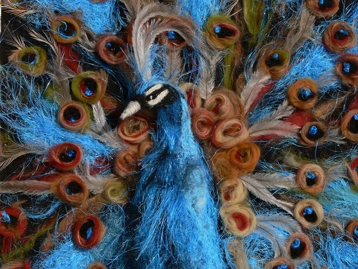 fibre art, peacock, needle felting