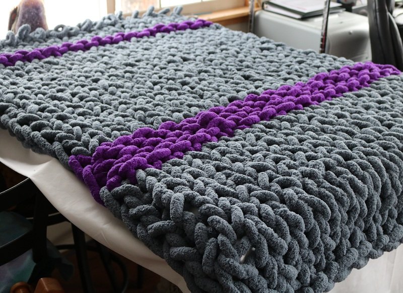 knitted super chunky chenille blanket grey purple